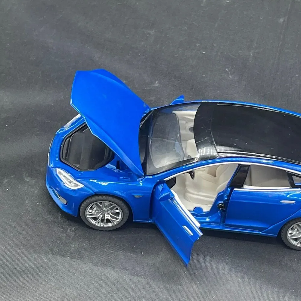 Blue Tesla Model S Diecast Toy Car Open Doors Hood Trunk Sound, Motion, & Light